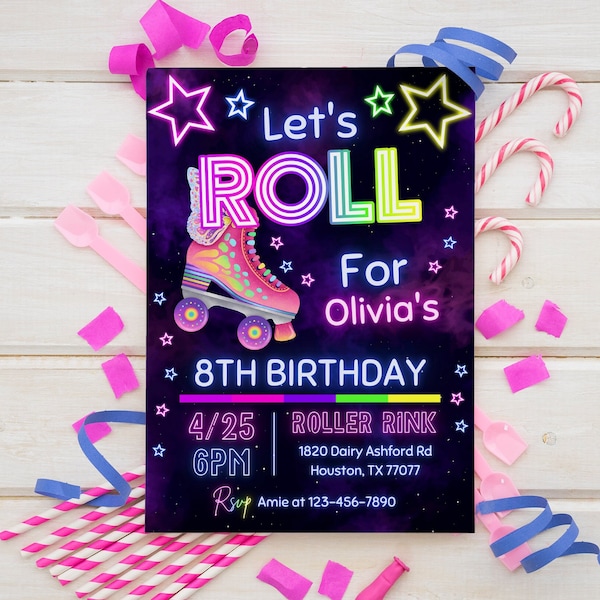 Invitación de cumpleaños de fiesta de skate, invitación de fiesta, niña, niño, patinaje sobre ruedas, luces de neón retro, plantilla Evite editable, Canva editable