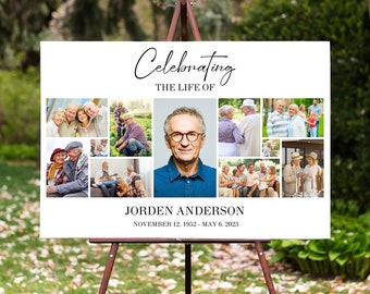 May include: A white memorial sign with a collage of photos of a man. The sign reads "Celebrating the Life of Jorden Anderson, November 12, 1952 - May 6, 2023".