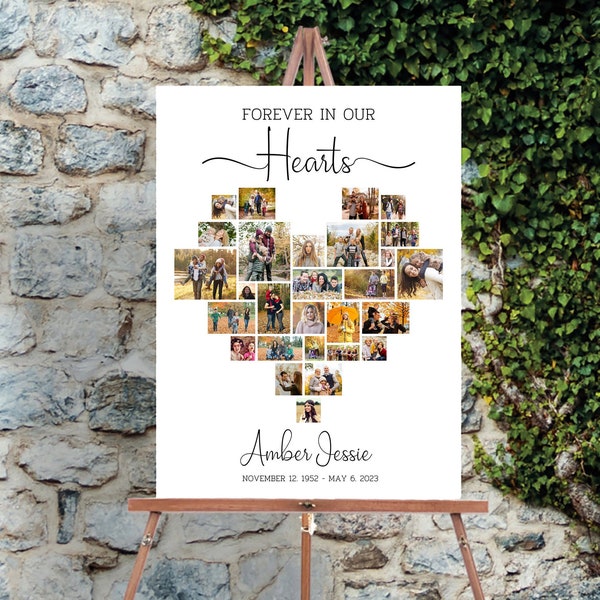 Funeral Heart Collage Sign, Funeral Memorial Sign Template, Celebration Of Life, Collage Poster, Memorial Board, Heart Shaped, 24x36, 16x20