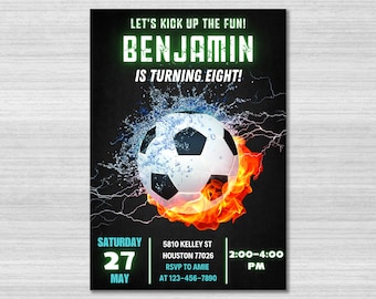 Mall för fotbollsfödelsedagsinbjudan, inbjudan till fotbollsfest, fotbollsmatch, fotbollsfödelsedagsinbjudan, barninbjudan, pojkfest, redigerbar canvas