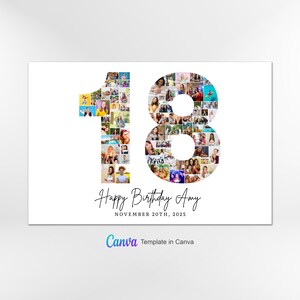 Plantilla de collage de fotos para el 18.º cumpleaños, collage del número 18, regalo personalizado para ella, collage de números, plantilla de Canva imagen 2