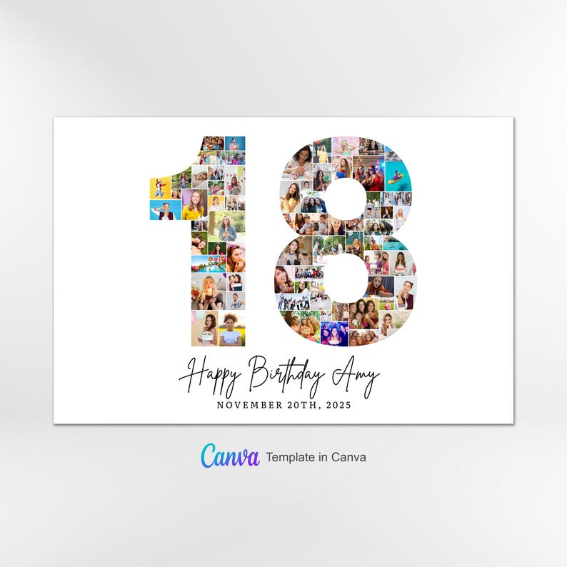 Plantilla de collage de fotos para el 18.º cumpleaños, collage del número 18, regalo personalizado para ella, collage de números, plantilla de Canva imagen 2