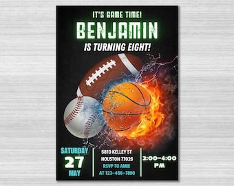 Peut inclure: Une invitation d'anniversaire pour un garçon nommé Benjamin qui fête ses huit ans. L'invitation présente un fond noir avec un texte vert superposé. Le texte indique "C'est l'heure du jeu ! Benjamin a huit ans !" L'invitation présente également un ballon de baseball, un ballon de basket-ball et un ballon de football dans un design enflammé et rempli d'eau. La date de la fête est le samedi 27 mai, de 14 h 00 à 16 h 00. L'adresse est 5810 Kelley St, Houston 77026. Veuillez confirmer votre présence auprès d'Amie au 123-456-7890.