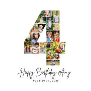 以下が含まれることがあります： 白い背景に、4の形をした写真のコラージュ。写真は若い女の子たちです。数字の下には「Happy Birthday Amy」と「JULY 20TH, 2025」の文字があります。