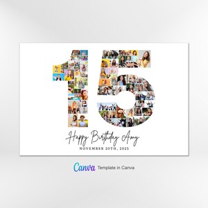 15歳の誕生日フォトコラージュテンプレート、数字15のコラージュ、15歳のコラージュ、彼女へのカスタムギフト、15歳の誕生日、数字コラージュ、Canvaテンプレート 画像 2