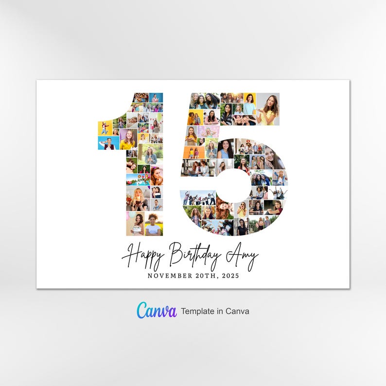 15歳の誕生日フォトコラージュテンプレート、数字15のコラージュ、15歳のコラージュ、彼女へのカスタムギフト、15歳の誕生日、数字コラージュ、Canvaテンプレート 画像 2