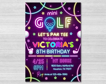 Modello di invito di compleanno per minigolf, invito per golf, festa luminosa, invito per festa di golf per ragazze, festa di compleanno sportiva, andiamo a giocare a par, Canva