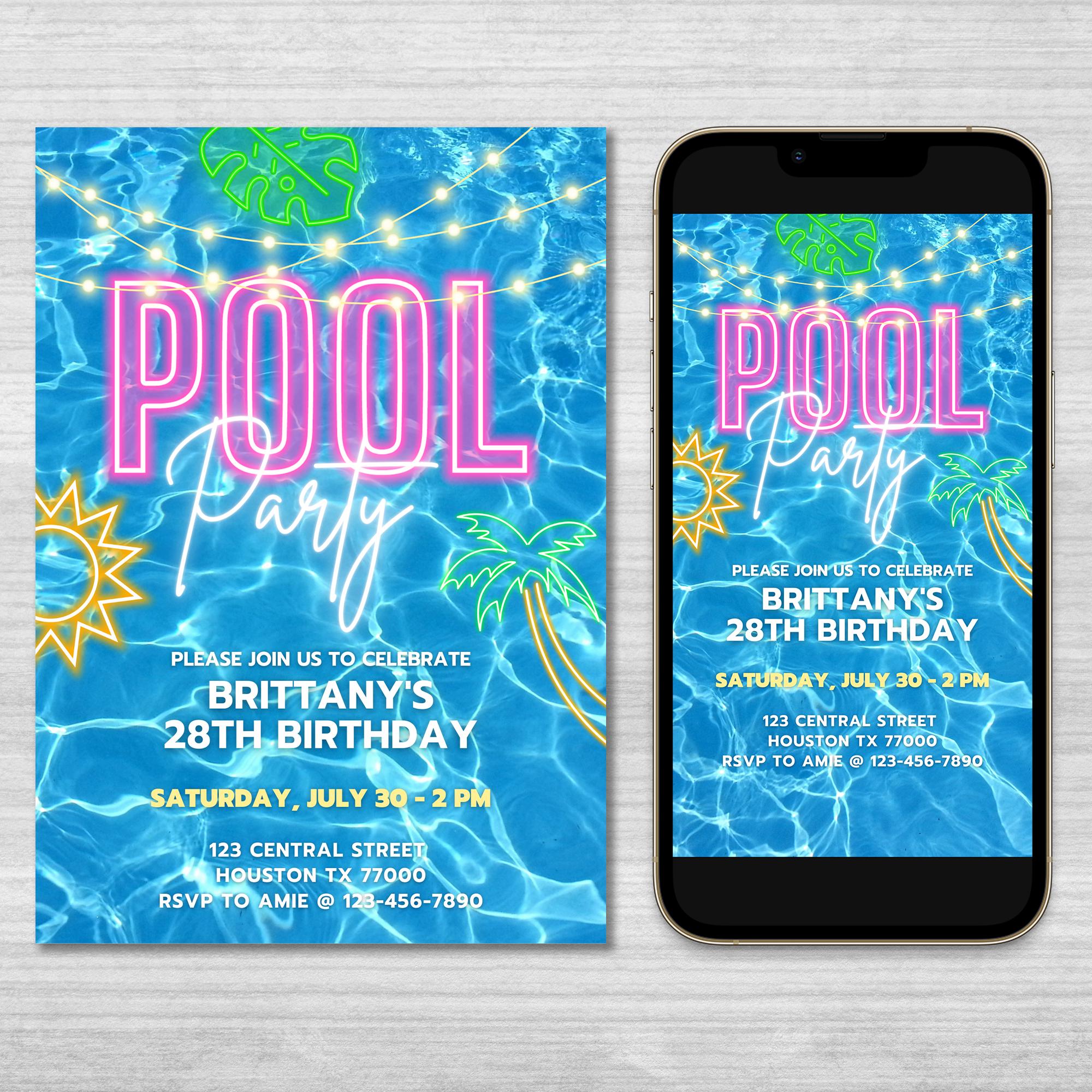 Pool Party Invitation, Text Invitation, Iphone Invitation, Neon Evite, Summer Swimming Pool Party sms, Smartphone, Mobile, Electronic Invite
