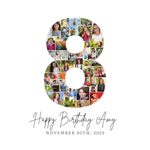 8歳の誕生日フォトコラージュテンプレート、数字8のコラージュ、8歳のコラージュ、彼女へのカスタムギフト、8歳の誕生日、数字コラージュ、Canvaテンプレート