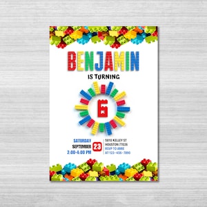 Modello di invito di compleanno con mattoncini da costruzione, invito con mattoncini da costruzione, festa con mattoncini da costruzione, invito con mattoncini da costruzione, Canva modificabile