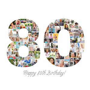 Plantilla de collage de fotos para 80 cumpleaños, collage del número 80, regalo personalizado para ella, collage de números, plantilla de Canva