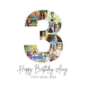 Puede incluir: Sobre un fondo blanco, un collage con forma del número 3 lleno de fotos de niños. Debajo, el texto dice "Happy Birthday Amy" y "July 20th, 2025".