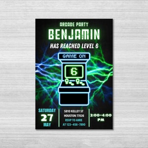 Arcade Birthday Invitation Template, Arcade Invitation, Neon Glow Invite, Arcade Party, Boys Gamer Party, Video Game Party, Editable Canva