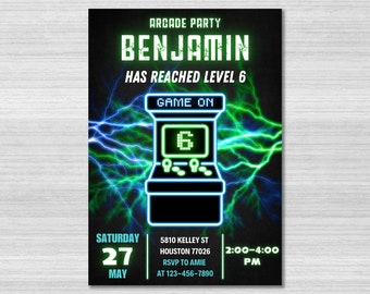 Arcade Birthday Invitation Template, Arcade Invitation, Neon Glow Invite, Arcade Party, Boys Gamer Party, Video Game Party, Editable Canva