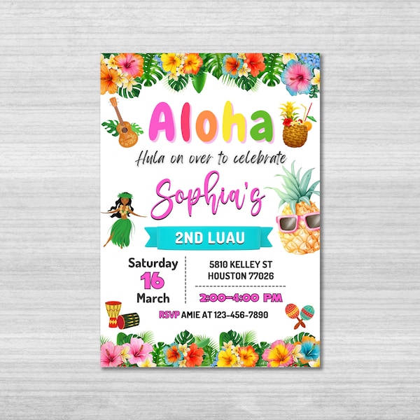 Luau Birthday Invitation Template, Hawaiian Luau Invitation, Aloha Party Invite, Pineapple Party, Tropical Party Invitation, Hawaiian Party