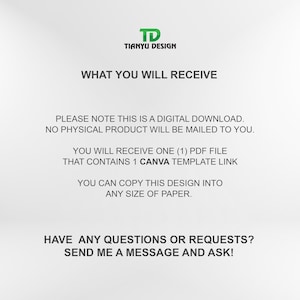 Op de afbeelding: Tekst op een witte achtergrond die "TD Tianyu Design" en "What You Will Receive" luidt. De tekst gaat verder met "Let op: dit is een digitale download. Er wordt geen fysiek product naar u verzonden. U ontvangt &eacute;&eacute;n (1) PDF-bestand dat &eacute;&eacute;n Canva-sjabloonlink bevat. U kunt dit ontwerp in elke papiergrootte kopi&euml;ren. Heeft u vragen of verzoeken? Stuur me een bericht en vraag het!"
