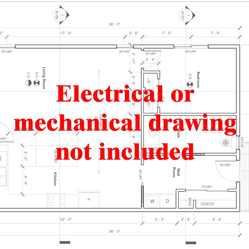 May include: A black and white blueprint of a house floor plan with measurements in feet and inches. The text "Electrical or mechanical drawing not included" is written in red across the center of the plan.