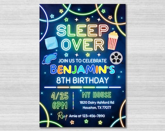 Sleepover Birthday Invitation Template, Neon Sleepover Invite, Slumber Party, Pajama Party, Neon Party Invite, Neon Lights, Glow Party