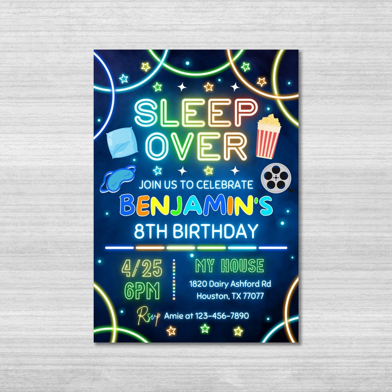 May include: Neon blue and green birthday party invitation with the text "SLEEP OVER" and "JOIN US TO CELEBRATE BENJAMIN'S 8TH BIRTHDAY". The invitation also includes the date and time of the party, the address, and a phone number to RSVP.
