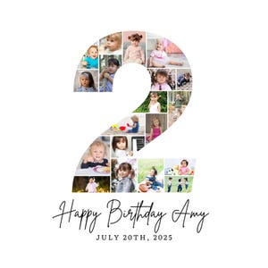 May include: A white background with a collage of photos arranged in the shape of the number two. The photos feature children. Below the number is the text "Happy Birthday Amy" and "July 20th, 2025".