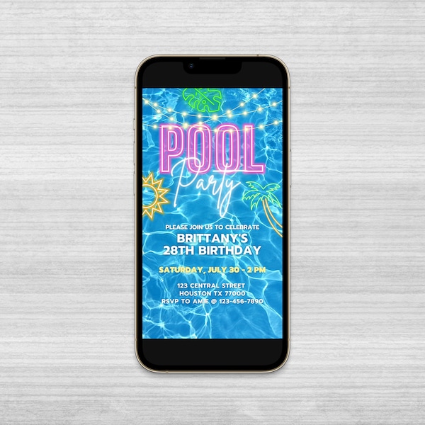 Pool Party Invitation, Text Invitation, Iphone Invitation, Neon Evite, Summer Swimming Pool Party sms, Smartphone, Mobile, Electronic Invite