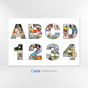 Plantilla de collage de fotos con letras y números, collage de fotos del alfabeto, collage de fotos con nombres personalizados, collage de fotos de agradecimiento, collage de fotos de entrenador