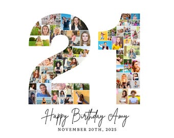 Plantilla de collage de fotos para el 21.º cumpleaños, collage del número 21, regalo personalizado para ella, collage de números, plantilla de Canva