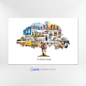 Peut inclure: Une silhouette blanche d'un arbre remplie de photos de famille. Le texte "The Hudson Family" est sous l'arbre. Le texte "Canva Template in Canva" est sous le nom de famille.