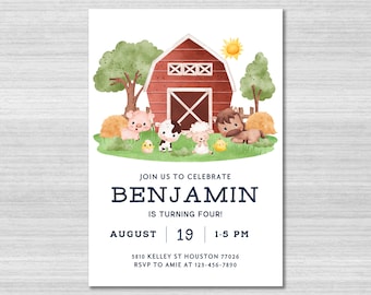 Farm Birthday Invitation Template, Farm Invitation, Farm Animals Invite, Barnyard, Barn Animals Party, Ranch Kids Party, Editable Canva