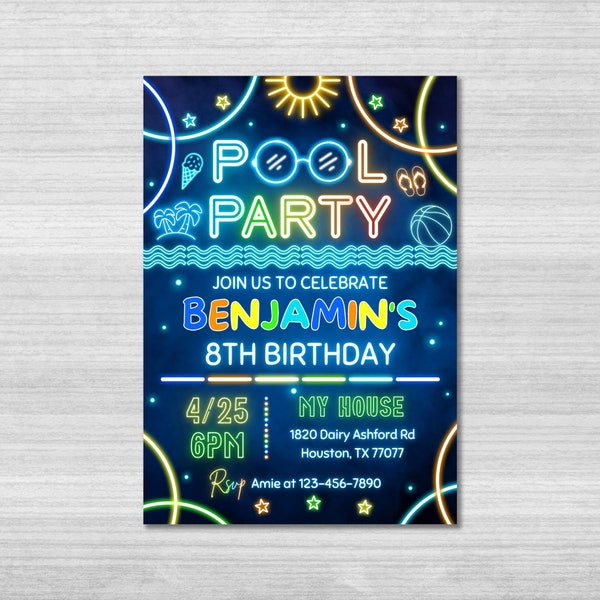 Pool Party Invitation, Text Invitation, Iphone Invitation, Neon Evite, Summer Swimming Pool Party sms, Smartphone, Mobile, Electronic Invite