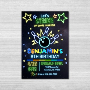 Bowling Party Invitation, Birthday Invitation, Boy Bowling Invite, Pins, Let&#39;s Strike Up Some Fun, Editable Evite Template, Editable Canva