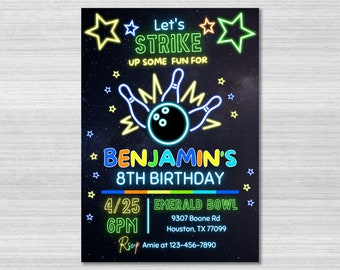 Bowling Party Invitation, Birthday Invitation, Boy Bowling Invite, Pins, Let's Strike Up Some Fun, Editable Evite Template, Editable Canva