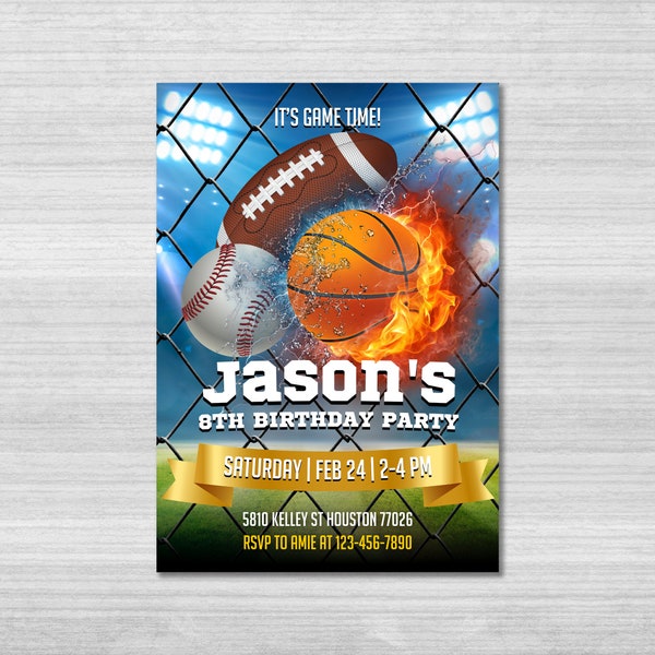 Sports Birthday Invitation Template, Sport Invitation, All Star Sports Invite, Baseball Basketball Football Invitation, Sports Theme, Canva