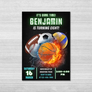 Sports Birthday Invitation Template, Sport Invitation, All Star Sports Invite, Baseball Basketball Football Invitation, Sports Theme, Canva