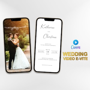 Könnte beinhalten: Eine Video-Hochzeitseinladung mit einem Foto eines Paares im Hintergrund. Der Text lautet "Katherine und Christian laden Sie zur Hochzeitszeremonie am Samstag, den 18. März 2023, 14:00 Uhr, Maravilla Gardens, 236 Santa Rosa Rd, Camarillo, CA, ein. Empfang im Anschluss."