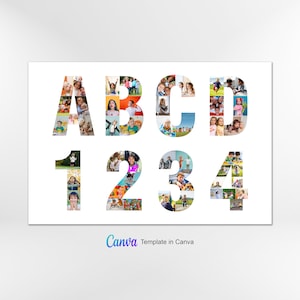 Plantilla de collage de fotos con letras y números, collage de fotos del alfabeto, collage de fotos con números, collage de fotos con letras, guion gráfico conmemorativo, Canva