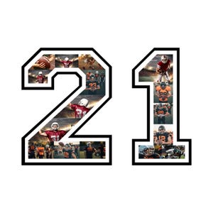 May include: A black and white graphic of the number 21, filled with images of football players in action. The images are in various colors, including red, orange, and green. The overall theme is sports and athletics.