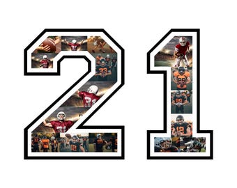 May include: A black and white graphic of the number 21, filled with images of football players in action. The images are in various colors, including red, orange, and green. The overall theme is sports and athletics.