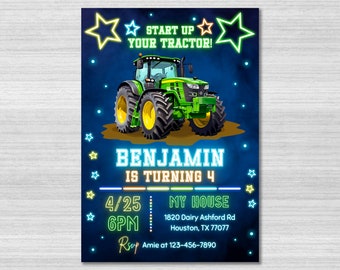 Tractor Birthday Invitation Template, Tractor Invitation, Start Your Tractor, Farm Theme, Boy Invite, Glow Party, Editable Canva
