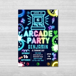 Arcade Birthday Invitation Template, Arcade Invitation, Neon Glow Invite, Arcade Party, Boys Gamer Party, Video Game Party, Editable Canva