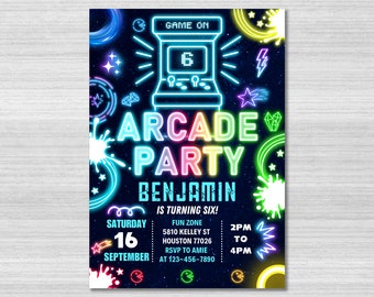 Arcade Birthday Invitation Template, Arcade Invitation, Neon Glow Invite, Arcade Party, Boys Gamer Party, Video Game Party, Editable Canva