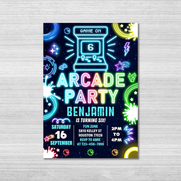 Arcade Birthday Invitation Template, Arcade Invitation, Neon Glow Invite, Arcade Party, Boys Gamer Party, Video Game Party, Editable Canva
