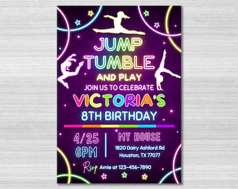 Plantilla de invitación para fiesta de gimnasia, invitación para saltar, volteretas y jugar, temática de gimnasia arcoíris para niñas, cumpleaños de volteretas