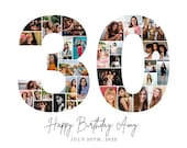 30th Birthday Photo Collage Template, Number 30 Collage, 30th Collage, Custom Gift for her, 30th Birthday, Number Collage, Canva Template