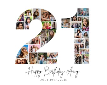 Modello per collage fotografico del 21° compleanno, collage numero 21, collage del 21° compleanno, regalo personalizzato per lei, 21° compleanno, collage di numeri, modello Canva