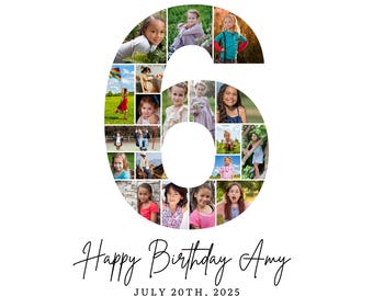 6th Birthday Photo Collage Template, Number 6 Collage, 6th Collage, Custom Gift for her, 6th Birthday, Number Collage, Canva Template