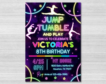 Plantilla de invitación para fiesta de gimnasia, invitación para saltar, volteretas y jugar, temática de gimnasia arcoíris para niñas, cumpleaños de volteretas