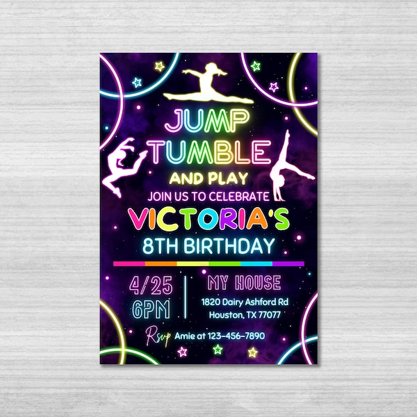 Gymnastics Party Invitation Template, Gymnastics Invitation, Jump Tumble & Play Invite, Girls Rainbow Gymnastics Theme, Tumbling Birthday