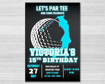 Plantilla de invitación de cumpleaños de golf, invitación de golf, fiesta luminosa, invitación a fiesta de golf para niñas, fiesta de cumpleaños deportiva, Let's Par Tee, Canva