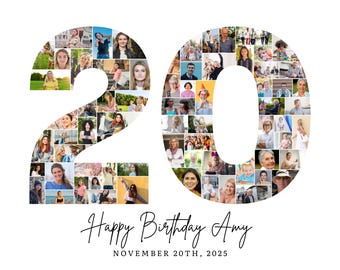 20th Birthday Photo Collage Template, Number 20 Collage, 20th Collage, Custom Gift for her, 20th Birthday, Number Collage, Canva Template